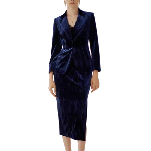 Blue Velvet Satin Asymmetric Side Slit Skirt Suit